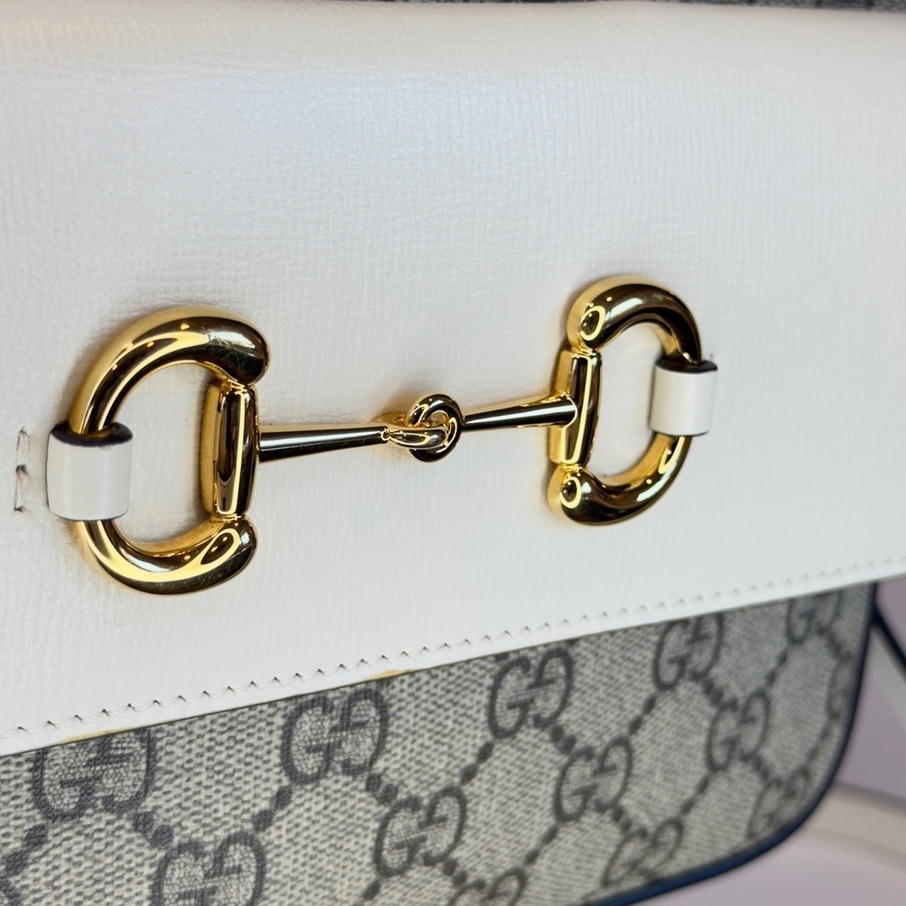 GUCCI Horsebit 1955 Ivory Brown GG Supreme Leather Crossbody Shoulder Bag + COA - Picture 9 of 13